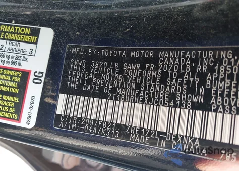 2018 Toyota Corolla L/Le/Xle/Se/Xse from USA, damaged, VIN 2T1BURHEXJC054138